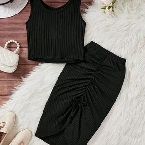 Black Ruched Midi Skirt - Women's Black Ribbed Skirt